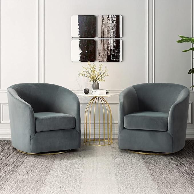 HULALA HOME Swivel Accent Chair with Gold Metal Base Set of 2 Contemporary Velvet Curved Swivel Barrel Chair Upholstered Club Armchair Leisure Single Sofa for Living Room Nursery Bedroom(Grey)