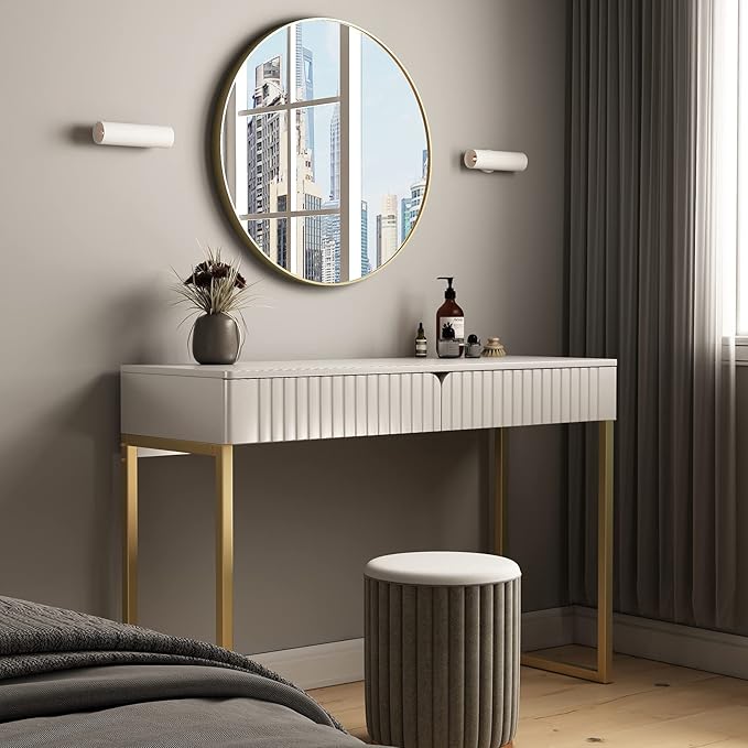 Elegant Modern Desk 2 Drawers Gold Legs 43.3x15.75 inches Home Office Makeup Vanity Computer Writing Study Entryway Sofa Table