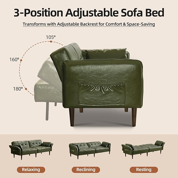 Futon Sofa Bed Sleeper Sofa Small Couch with Storage Adjustable Armrests Pillows Faux Leather Loveseat Mid Century Modern Couches for Living Room Bedroom Apartment Olive Green