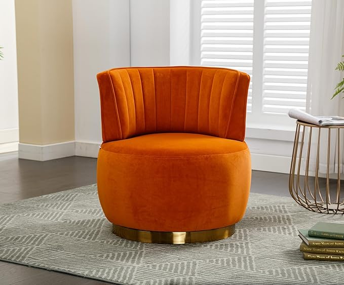 Velvet Swivel Barrel Chair Modern Upholstered Accent Chair 360° Swivel Round Lounge Chair with Gold Metal Base Comfy Arm Chair Sherpa Chair for Nursery Living Room Bedroom Club Office Orange