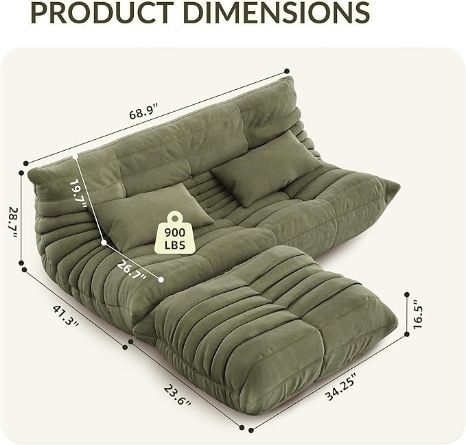 IDEALHOUSE 69 Inch Teddy SofaLoveseat Bean Bag Couch with Deep SeatUpholstered Couches for Living RoomBedroomApartment Green