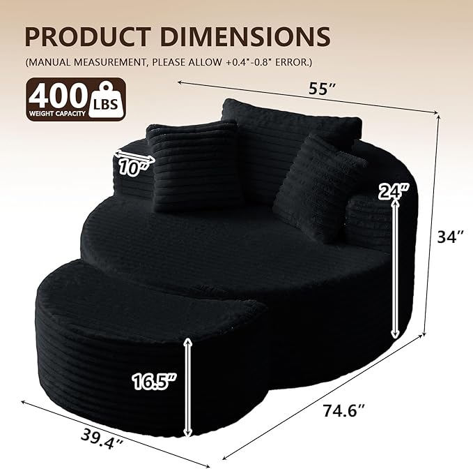 55''W Oversized Round Lounge Chair with Ottoman Modern Corduroy Accent Chair Upholstered Boneless Deep Seat for Living Room or Bedroom No Assembly Required (Corduroy Black)