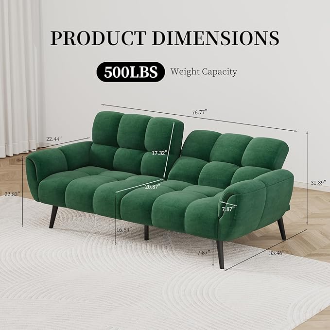 Convertible Futon Sofa Bed 76.77 Modern Linen Futon Couch Comfy Sleeper Sofa with Adjustable Backrests Couch Bed for Small Spaces Living Room Bedroom Apartment Green