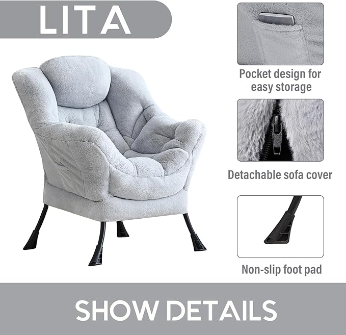 LITA Lazy Chair with Armrests and Side Pocket Modern Upholstered Accent Reading Chair for Living Room Bedroom Dorm Small Spaces Single Plush Grey