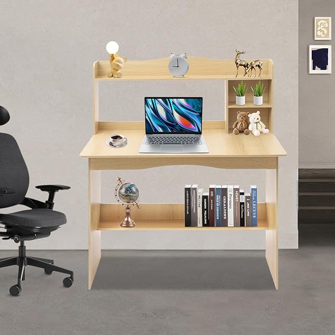 Computer Desk with Hutch - 40 Home Office Desk with Bookshelf &amp Lower Storage Shelf for Studying Gaming Table Computer Desk and Small Spaces (Wood Color)