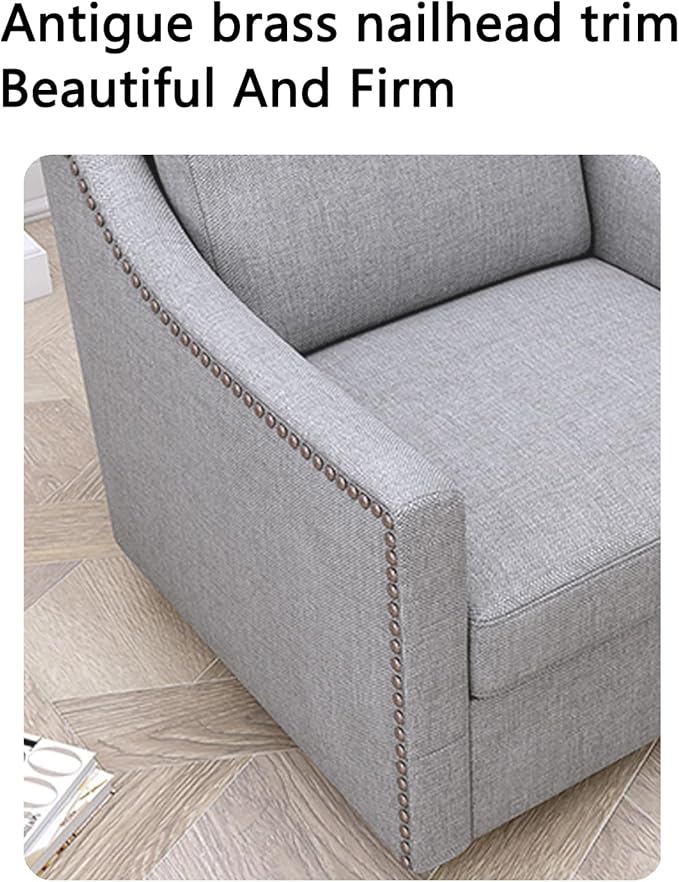 Cotton Linen Fabric Upholstered 360° Swivel Accent Chair Armchair with RivetsSquare Club Sofa Arm Chair with Metal Base Barrel Chairs for Bedroom Living Room Office (Light Grey)