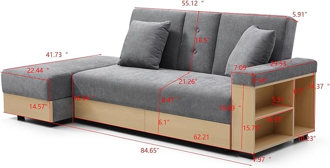 KEIKI Multi-Functional Sofa Sleeper with Storage Ottoman and Two Pull Out Drawer Fold Out Couch Bed with Side Storage Rack and Drop Down Table with 2 Cup Holders