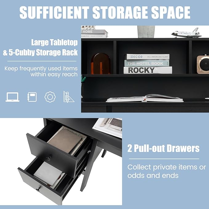 COSTWAY Writing Desk with USB Charging Ports &amp Power Outlets 48 Computer Desk with Drawers &amp 5-Cubby Hutch Study Table Computer Work Station for Home Office (Black)