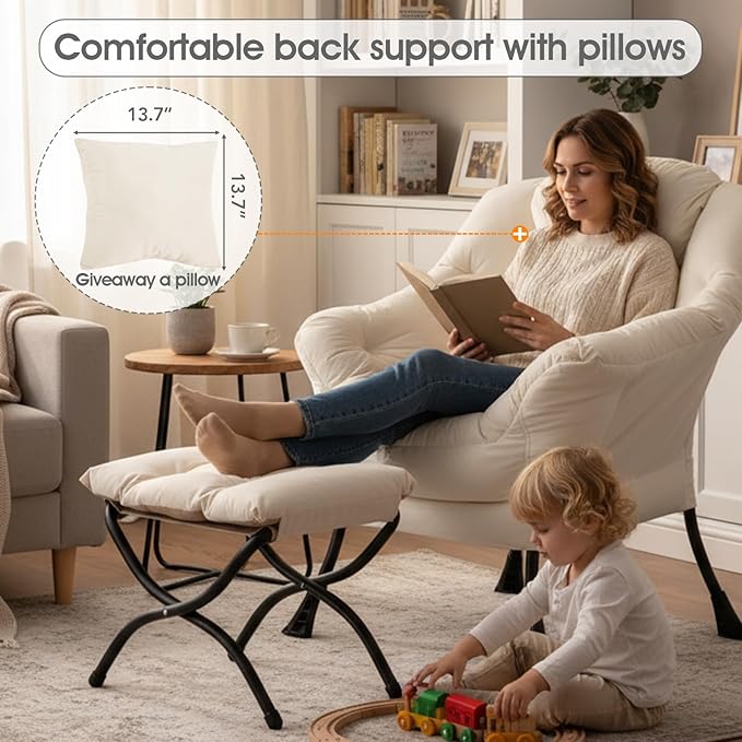 Lazy Chair with Ottoman Large Accent Chair with Ottoman and a Throw Pillow Beige Reading Chair for Living Room Bedroom Dorm Room Office Apartment Relaxing Use