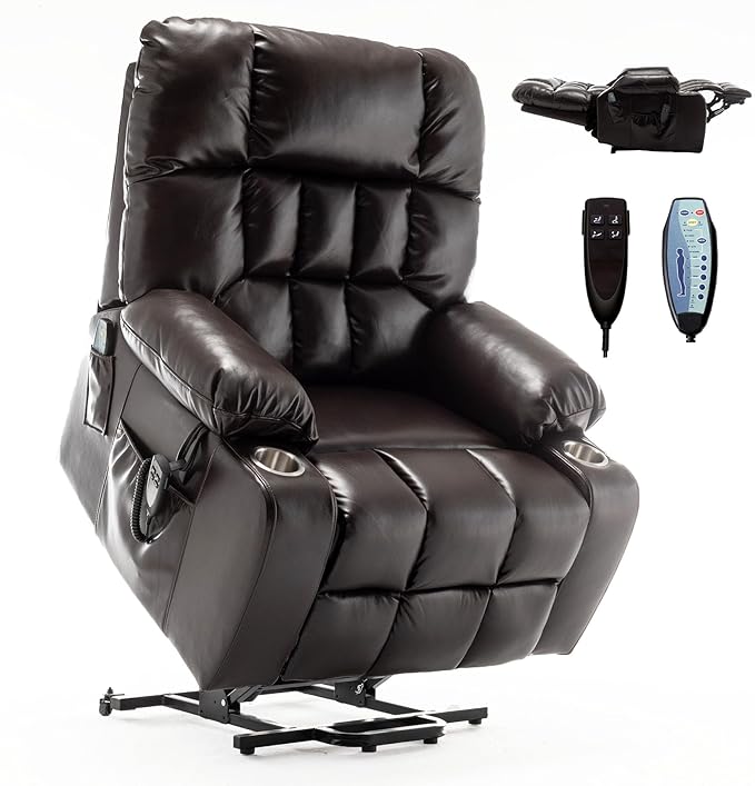 Oversized Power Lift Recliner Chair for Adult Elderly Dual Motor Lay Flat Electric Recliner with Massage &amp Heat 25.5 Wide Seat Big Tall Recliners for Living Room PU Brown