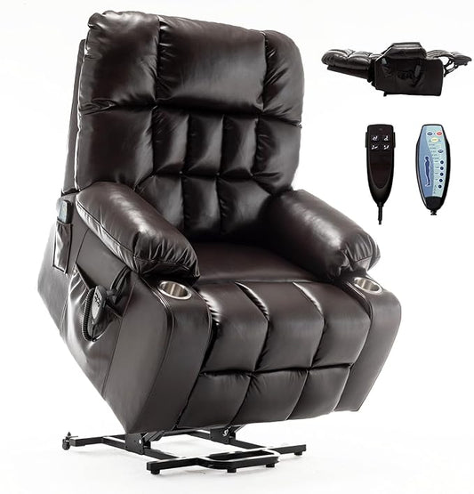 Oversized Power Lift Recliner Chair for Adult Elderly Dual Motor Lay Flat Electric Recliner with Massage &amp Heat 25.5 Wide Seat Big Tall Recliners for Living Room PU Brown