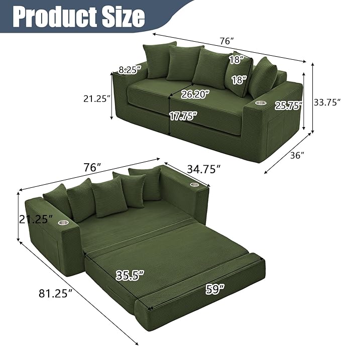 Anwick 2-in-1 Convertible Sleeper Sofa Bed Corduroy Boneless Loveseat Cloud Couch for Living Room Compressed Sofa in a Box 5 Pillows Fixed Frames Side Pockets &amp Cup Holders No Assembly (Gree