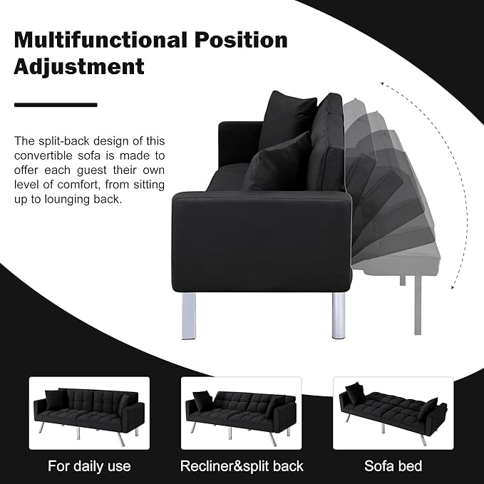 74 Futon Sofa BedConvertible Sleeper Couch with Adjustable Backrest and Pillows Comfy Velvet Cloud Sofa LoveseatModern Loveseat for Living Room and Bedroom（Black）