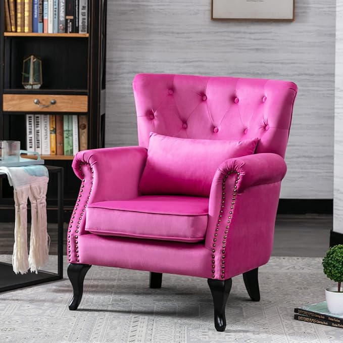 chairus Mid-Century Modern Accent Chairs Set of 2 Comfy Tufted Single Sofa Chair Wingback Armchair with Pillow for Club Living Room Bedroom - Velvet Rose