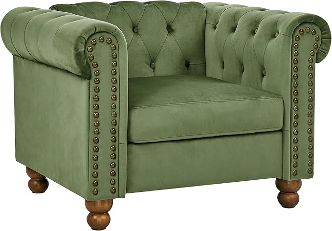 KEIKI 32 Chesterfield Velvet Tufted Button Sofa Chair with Square Arms and Cushion Back Classic 1-Seater Couch with Solid Wood Legs Easy Assembly for Living Room Bedroom Apartment Green