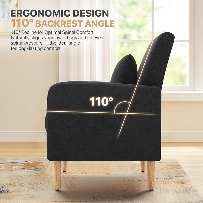 Magshion Mid-Century Accent Chair for Living Room Comfy Reading Chair for Bedroom Upholstered Linen Fabric Armchair Single Sofa with Back Pillow &amp Wood Legs 300 lbs Capacity Black
