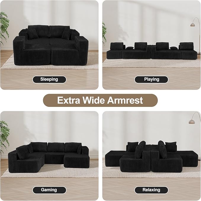 132 U Shaped Modular Sectional Sofa with Double Chaise Oversized Corduroy Floor Couch Deep Seat Frameless Living Room Set No Assembly Classic Black