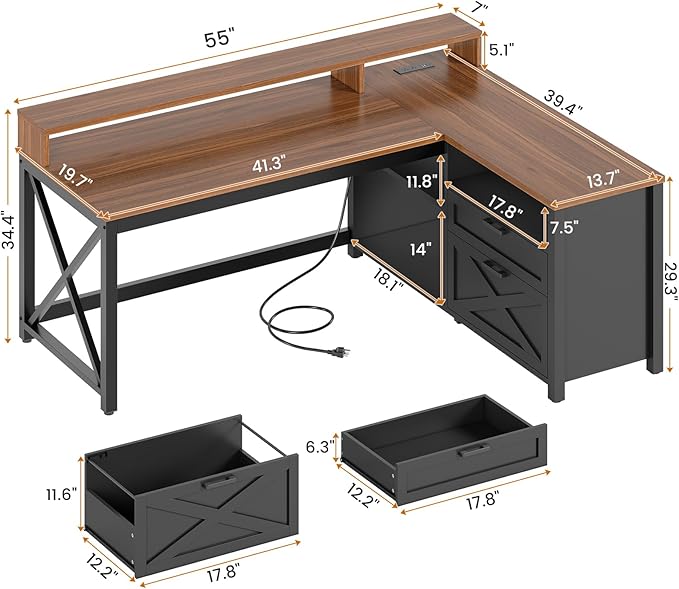 SEDETA L Shaped Gaming Desk with Drawers 55 Farmhouse Computer Desk with File Drawer and Storage Shelves Corner Gaming Desk with LED Lights and Monitor Shelf Black and Brown