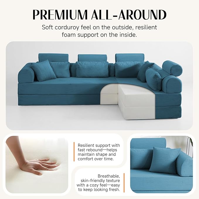 106 L-Shaped Modular Boneless Couch 2-Piece System (2×70.87) Convertible Sectional to 141.7 Straight Sofa Corduroy Couch in a Box Headrest &amp Back Pillows for Living Room Ocean Blue