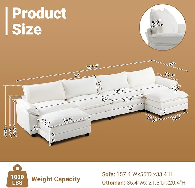 VINGLI Convertible Modular Sectional Sofa for Living Room with Deep Seat &amp 2 Movable 2-Layer Ottomans U-Shape Cloud Sofa Bed with Chaise Oversized 4-Seater Armchair Sleeper Couch Chenille Crea