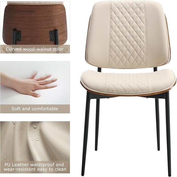 BV Dining Chairs Set of 2 PU Leather Armless Kitchen Chair in Modern Walnut Style Mid Century Bentwood Side Chair with Metal Legs Retro Accent Guest Chair for Kitchen Dining Room(Beige)