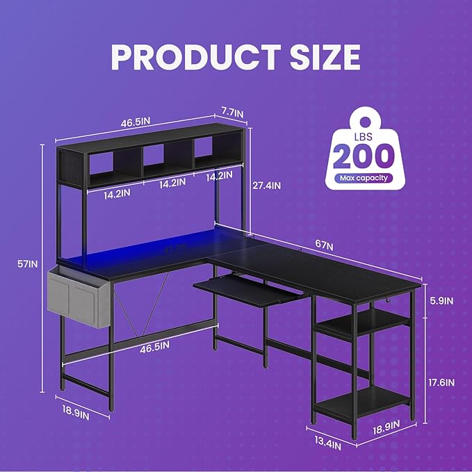 DUMOS L Shaped Gaming Desk 67” Reversible Computer Desks with Led Lights Corner Table with Keyboard Tray Side Bag Storage Shelf Metal Frame Wood Writing for Home Office Bedroom Black