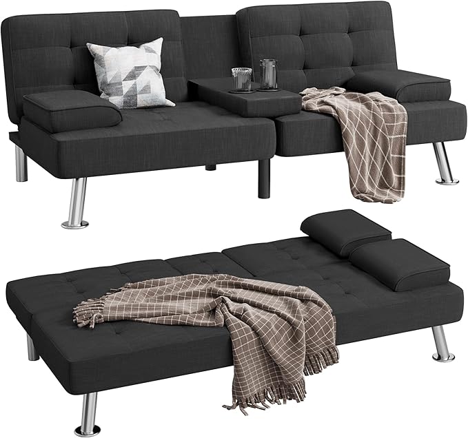 Shahoo Modern Linen Upholstered Convertible Folding Futon Sofa Bed with Removable Armrests Metal Legs 2 Cup Holders for Living Room Black