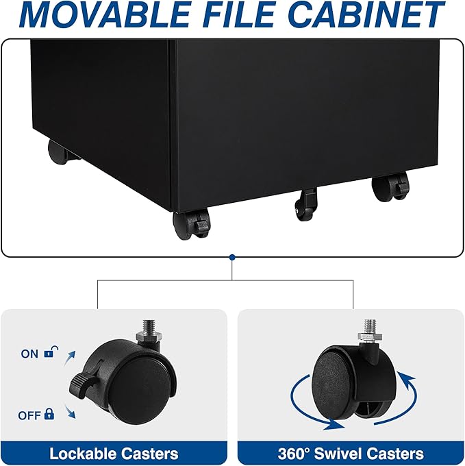 3 Drawer Vertical File Cabinet Mobile Filling Cabinets with Lock for Legal/Letter Size Pre-Built Office Storage File Cabinet with Wheels Under Desk - Fully Assembled