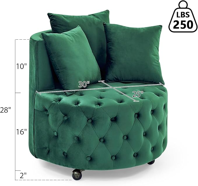 LLS Swivel Barrel Chair Velvet Accent Barrel Chair with 3 Pillows and 4 Wheels 360 Degree Sofa Chair Modern Button Tufted Upholstered Accent Chair for Living Room Bedroom Green
