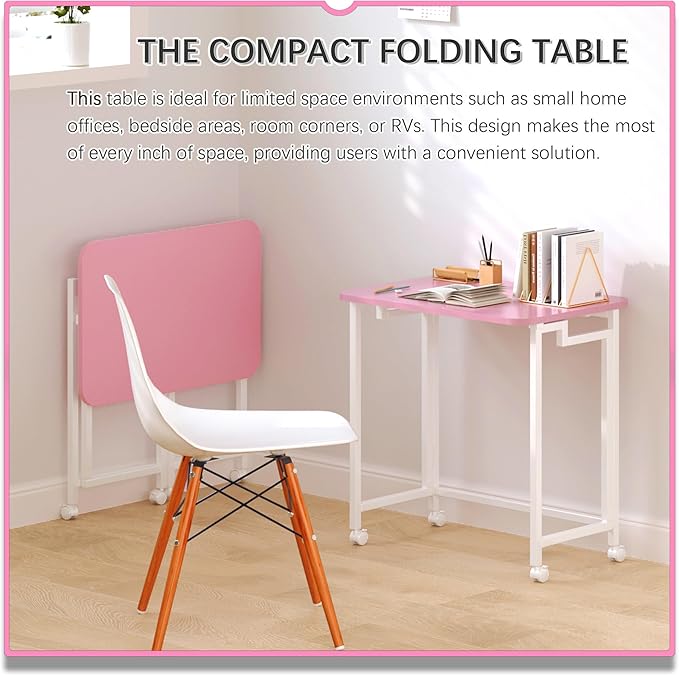 4NM 23.6 Mobile Small Rolling Computer Desk Folding Laptop Cart Table with Wheels Portable Office Desk for Small Space Couch Bed - Pink and White