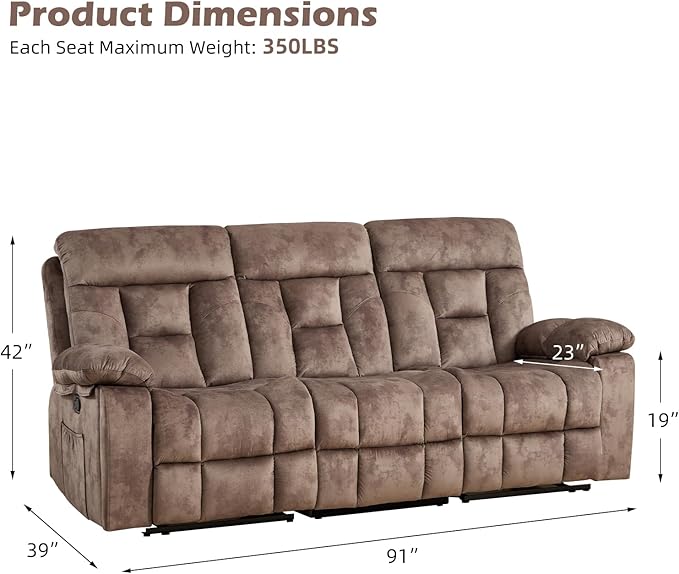 CANMOV 3 Seat Manual Recliner Sofa Modern Reclining Sofa with Overstuffed Armrest Hidden Cup Holders for Living Room Camel-Brown