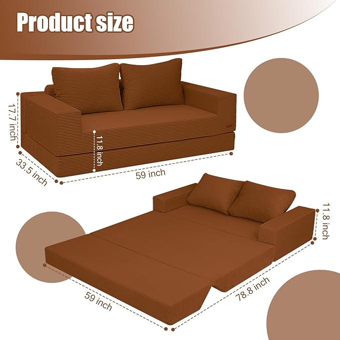 COMAX Convertible Sofa Bed Queen Corduroy Folding Floor Couch Pull Out Couch Bed Futon Sleeper with Pillows Fold Out Boneless Sofa Comfy Lounge Mattress Loveseat for Living Room Bedroom Orange