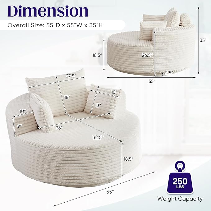 360-Degree Oversized Swivel Chair Modern Round Circle Corduroy Comfy Deep Seat Swivel Accent Chaise Lounge Sofa Chair with Back Cushion &amp 2 Throw Pillows for Living Room Bedroom Office Beige