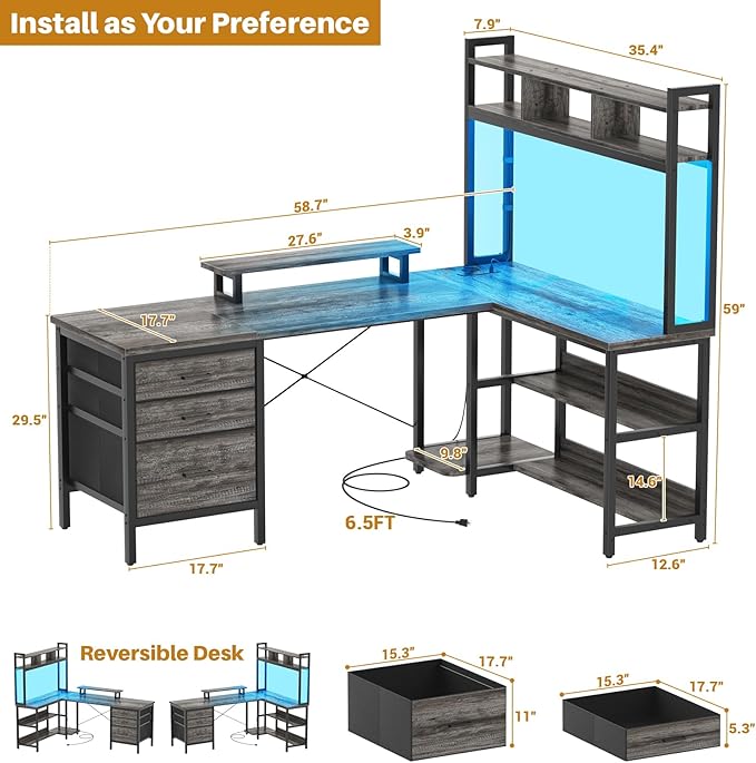 Aheaplus L Shaped Desk with Hutch Gaming Desk with Led Lights Reversible Computer Desk with Power Outlet Corner Desk with File Drawer &amp Monitor Stand Storage Shelves for Home Office Black Oak