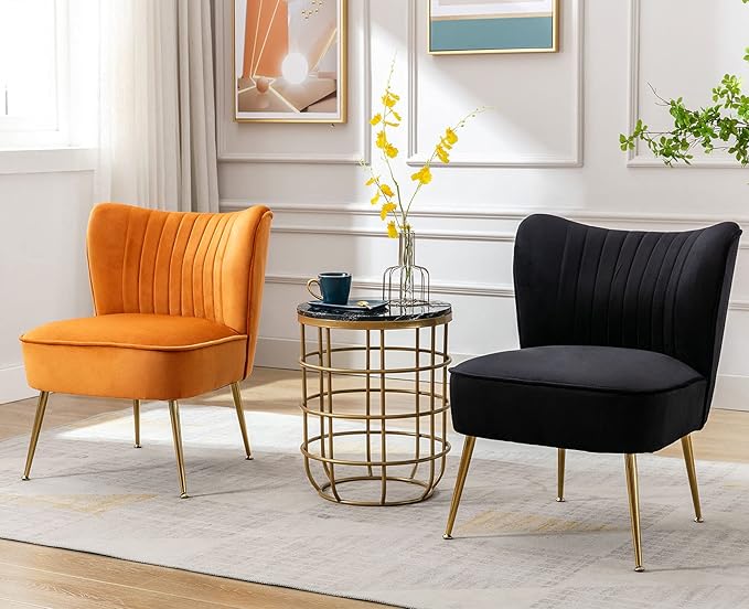 Orange Velvet Accent Chairs Set of 2 with Golden Legs Upholstered Side Chairs Mid-Century Modern Slipper Chairs for Guest Room Comfy Armless Wingback Corner Single Sofa Living Room Chairs