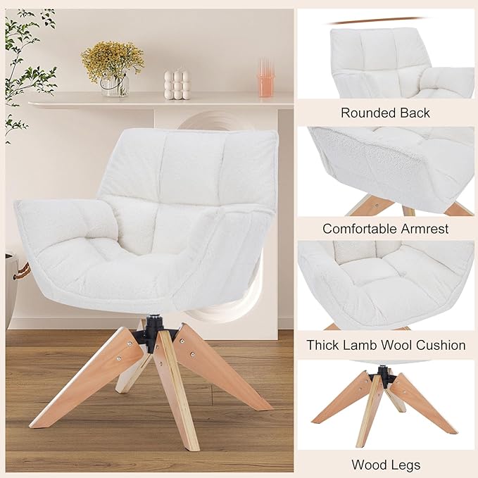 Mid Century Accent Chair Lambs Wool Vanity Chair Modern Cozy Desk Chair no Wheels with Amrest Wood Legs for Living Room Reading Room Bedroom White Lambwool