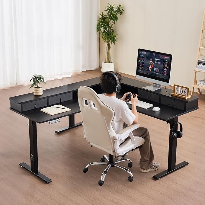 VEVOR 63'' Electric L Shaped Standing Desk 3 Memory Height 2-Tier Corner Table with 4 Drawers Storage 2 Hooks &amp Cable Hole Heavy Duty Carbon Steel Sit Stand Computer Workstation Easy to Assem