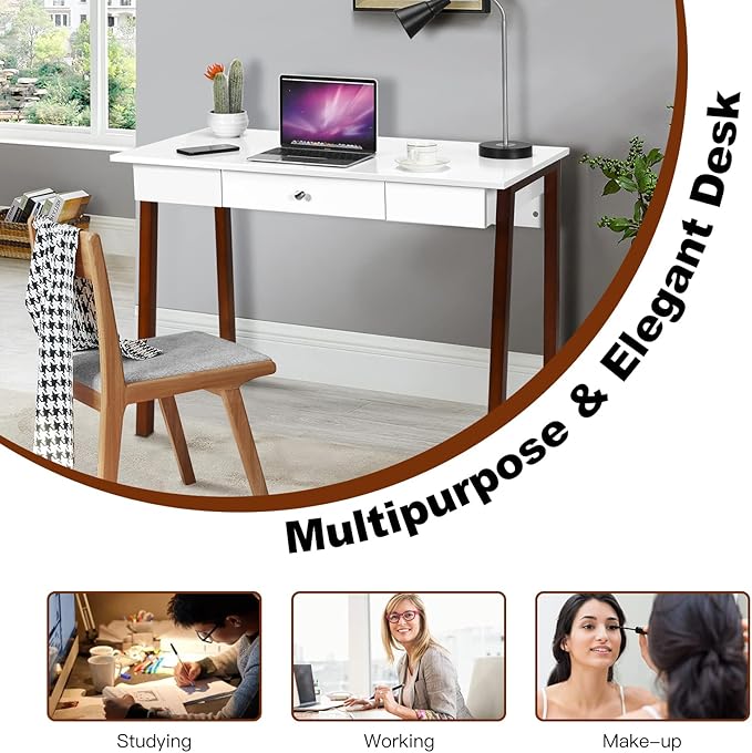 COSTWAY 42 Computer Desk with Storage Drawer Modern Home Office Writing Study Table with Solid Rubber Wood Legs &amp Non-Slip Foot Pads Multifunctional Makeup Vanity Dressing Table (Coffee and Whi