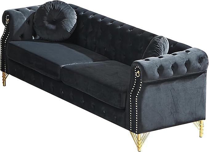 ERYE 82-Inch Button Tufted Sofa Couch with 2 Round Pillows 3 Seat Velvet Tufted Sofa Spacious Chesterfield Loveseat Couches W/Nailhead DecorRing Accent &amp Golden Legs