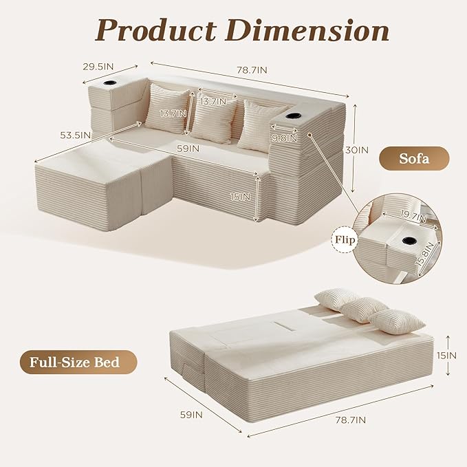 78.7 Inch Convertible Sofa Bed with 2 Ottomans 3-in-1 Folding Sleeper Couch &amp Flip-Up Armrest No Assembly Memory Foam Futon Bed for Small Space Floor Couch Lounge for Living Room ApartmentBeig