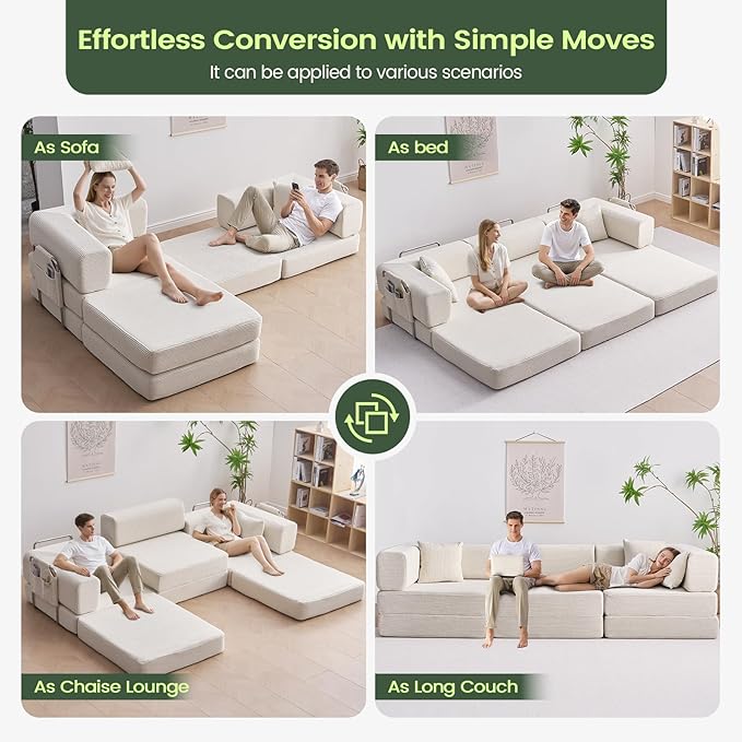 Folding Sofa Bed Convertable Corduroy Couch King Size Floor Sleeper 4-in-1 DIY Combination Modular Sofa Fold Out Futon Lounge Comfy Foldable Lazy cama for Living Room (Off-White)