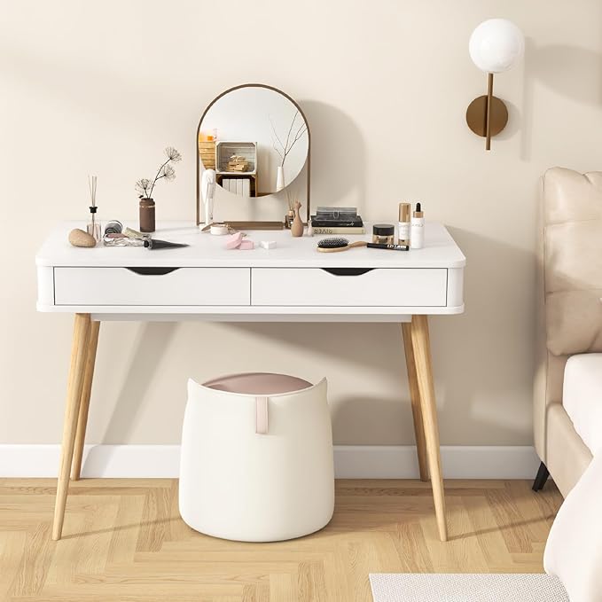 Giantex Mid-Century Desk with 2 Drawers 43.5 Writing Study Desk with Solid Rubber Wood Legs Home Office Computer Workstation PC Laptop Desk Modern Makeup Vanity Table for Bedroom (White &amp Natu