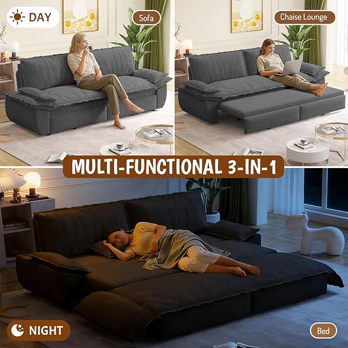 Cilee 73.2 Folding Sofa Bed 3-in-1 Convertible Loveseat Sleeper Sofa Pull Out Futon Sofa Comfy Floor Couch with Storage Pocket &amp 2 Pillows Love Seats Furniture for Living Room Corduroy Gray