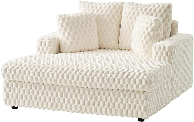 VanAcc 58-Inch Plush Sleeper Chair with Throw Pillows Upholstered Chaise Lounge &amp Sofa Bed with Armrests for Living Room Off-White