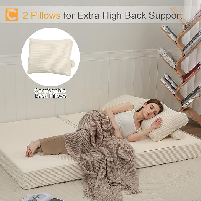 COMAX Futon Sofa Bed Convertible Folding Sofa Bed Boneless Couch Loveseat Corduroy with Pillows Small Foldable Floor Couch Comfy Lounge Sleeper for Living Room Bedroom Beige