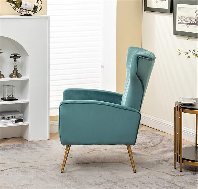 Modern Velvet Accent Chair Channel Tufted Bedroom Office or Living Room Furniture with Elegant Metal Legs 26 Wide Armchair Teal