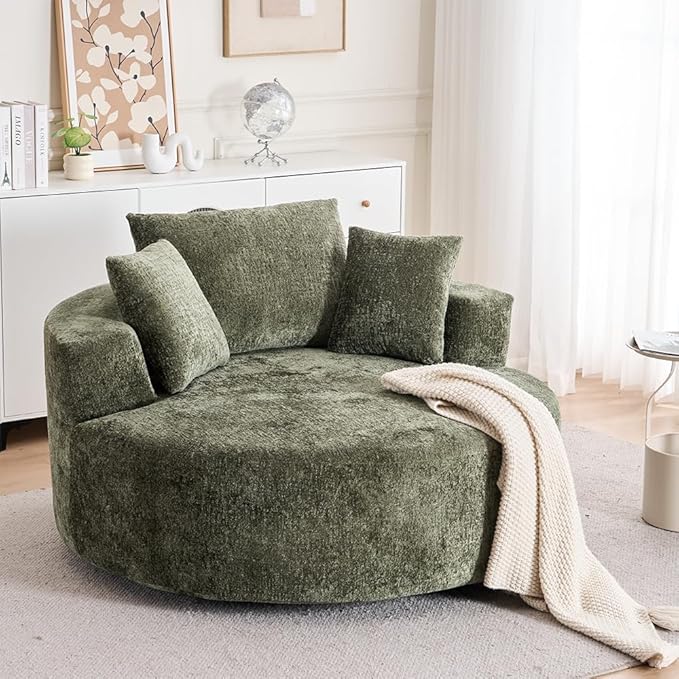 Green 55 Oversized Swivel Accent Chair Round Barrel Chair with 360° Rotation Chenille Upholstered Deep Seat Lounge Sofa Modern Comfy Single Sofa for Living Room Bedroom Office (Green)