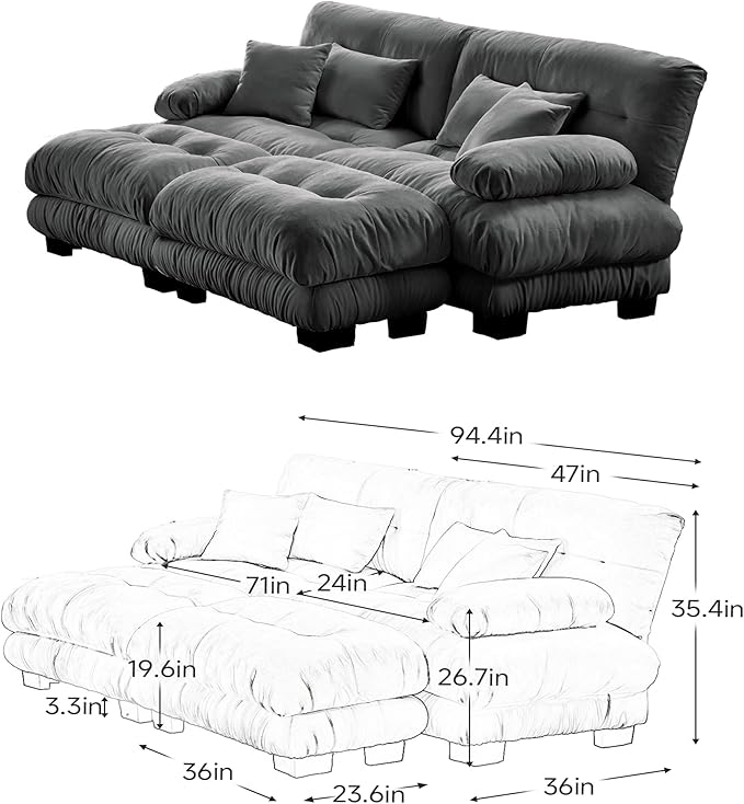 Modular Sectional Sofa Bed Chenille Comfy Cloud Couch with 2 Ottomans Sleeper Daybed with 2 Lumbar Pillows and 2 Throw Pillows Couches for Living Room (Gray 2 Seat + 2 Ottoman)