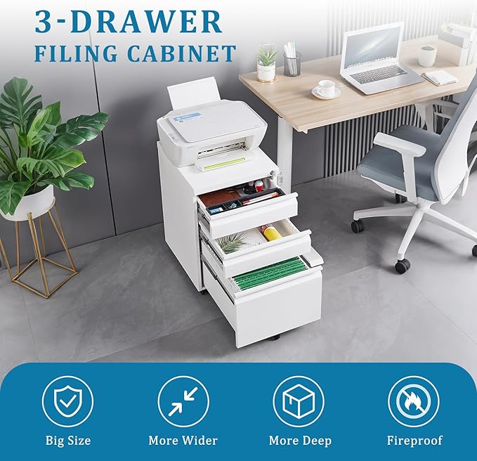 3 Drawer Mobile File Cabinet Under Desk Office with Lock Metal Filing Cabinet to be Installation Required Under Desk Metal Filing Cabinets Legal/Letter/A4 File (White)