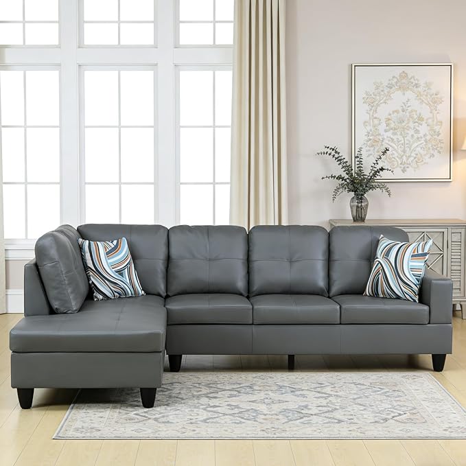 103.5 Inch Modern L-Shaped Couch PU Leather Sectional Sofa with Chaise Lounge 4-Seater Couch with Accent Pillows for Living Room Apartment Dark Grey